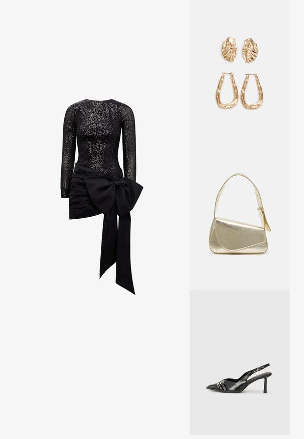 Fekete, hosszú ujjú ruha, flitteres felsőrésszel és merev selyem szoknyával, nagy masnival és drapált részletekkel.; Fekete lakk bőr, hegyes orrú slingback cipő, boka pántokkal, ezüst csatokkal és hardverelemekkel, valamint karcsú sarkú.; Arany fémes kézi táska, strukturált dizájnnal, sima felülettel és állítható pánttal. Egyedi háromszög alakú, minimalistának mondható varrásokkal rendelkezik.; Aranyszínű fülbevalók, texturált, hullámos formákkal. Tartalmazza a szobrászati klipszes studokat és az open hoop kialakítást, kalapácsos felülettel.