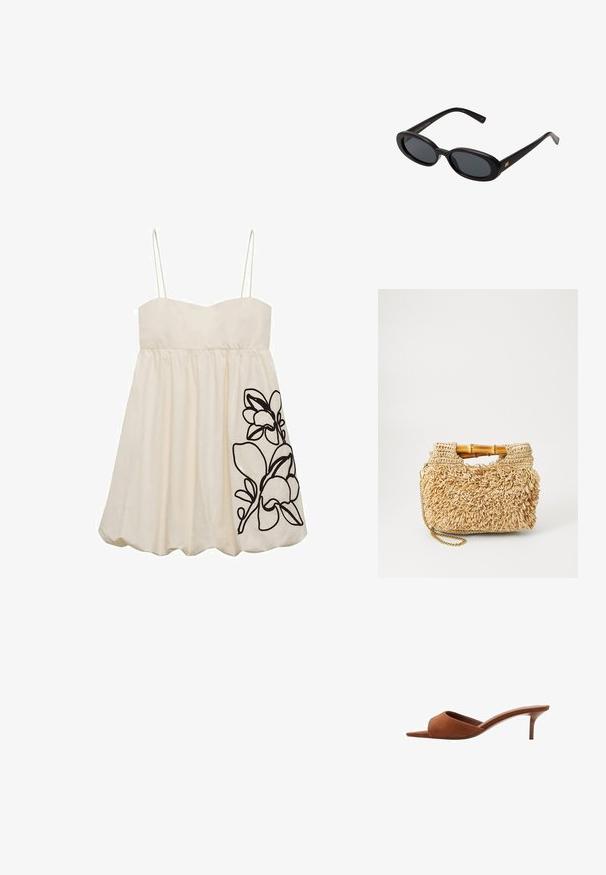 Bijela bezramena haljina s pripijenim korzetom i raširenom suknjom, koja s lijeve strane ima crnu cvjetnu vez. Glatka tekstura materijala.; Smeđe suknene mule otvorenog vrha s zakrivljenim dizajnom, s niskom stiletto petom i glatkim, minimalističkim linijama.; Crne velike sunčane naočale s ovalnim staklima, glatkim plastičnim okvirom i zlatnim detaljima na sljepočnicama. Tamna stakla pružaju zaštitu od sunca.; Torba od tkanog slame s drvenim ručkama od bambusa, s teksturiranim dizajnom resica u prirodnoj bež boji i zlatnim lanca remenom.