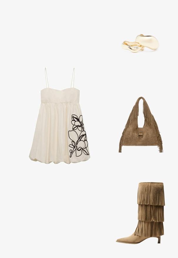 Bijela bezramena haljina s pripijenim korzetom i raširenom suknjom, koja s lijeve strane ima crnu cvjetnu vez. Glatka tekstura materijala.; Kratka čizma od tan sueda s tri sloja rese. Oštri vrh i niska blok peta. Glatka tekstura kroz cijelu čizmu.; Suede torba u bež boji s remenom za rame, resicama, okruglim prstenom kao metalnom opremom i dekorativnim šavovima sa srebrnim zakovicama.; Zlatne naušnice organskog, zrnastog oblika s glatkom, reflektirajućom površinom; imaju minimalistički dizajn bez vidljivih dijelova.