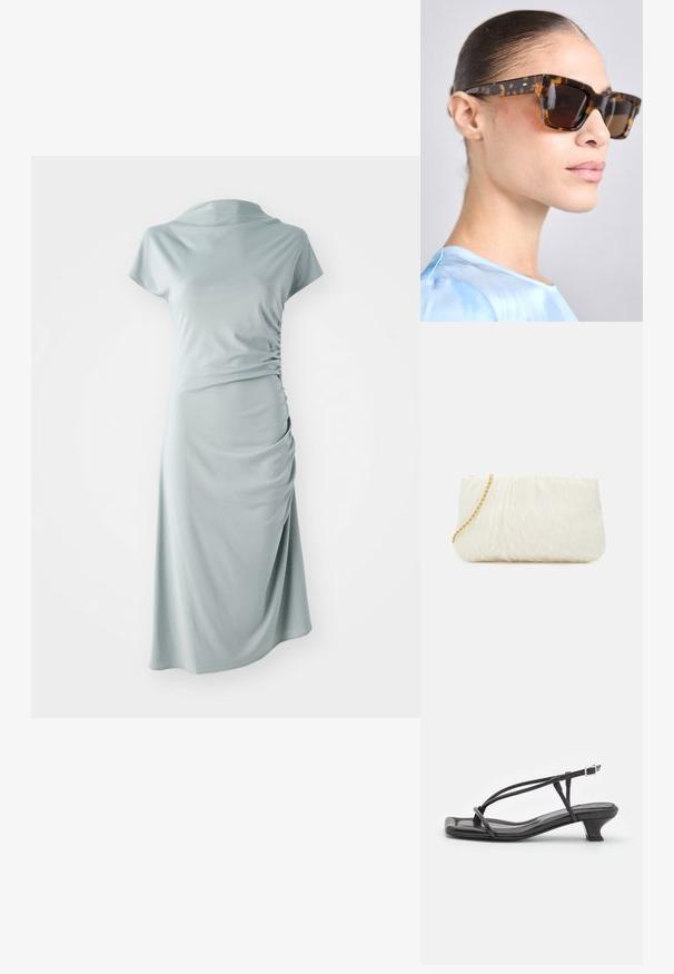 Vaaleansininen mekko, joka on valmistettu pehmeästä kankaasta. Mekossa on pyöristetty pääntie, lyhyet hihat ja keräilytyyny yksityiskohtana yhdellä sivulla. Mekon pinta on sileä ja se ulottuu polven ylle.; Musta nahkasandaali ohuilla remmeillä, matalalla lohkokannalla ja neliönmuotoisella varpaalla. Varustettu soljella ja sileällä pinnalla.; Silmulaiset aurinkolasit paksuilla suorakulmaisilla sangoilla. Tummat linssit ja kultasävyiset yksityiskohdat sangoissa. Sileä, kiiltävä pinta.; Valkoinen teksturoitu laukku, jossa on kasattuja muotoja ja kultaketjuolkaimet. Sujuva pinta, jossa on hienovaraisia aaltoja ja pyöristetyt reunat.; Hopeakiharat korvakorut, joissa on kaareva, pavun muotoinen muoto. Pehmeä, kiiltävä pinta, ja kiinnitysvarusteena on nuppi ja tausta.