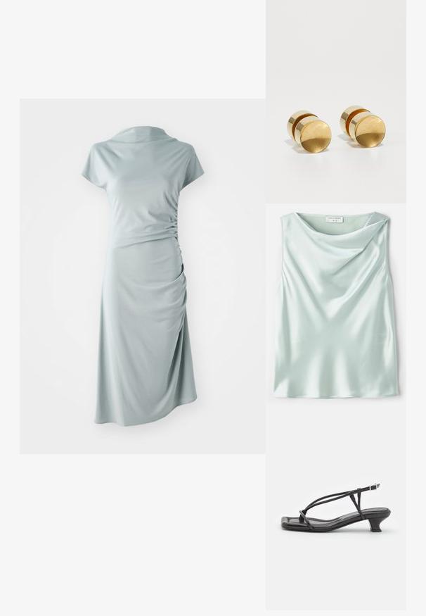 Jasnoniebieska sukienka z miękkiego materiału, o okrągłym dekolcie, krótkich rękawach i marszczeniu z jednej strony. Gładka tekstura i długość do kolan.; Jasnoniebieski satynowy top bez rękawów z drapowanym dekoltem w kształcie cynku i gładką teksturą. Metka głosi "Tiger of Sweden 1993."; Czarne skórzane sandały z cienkimi paskami, niskim blokowym obcasem i kwadratowym noskiem. Posiadają zapięcie na klamrę i gładką teksturę.; Złote metalowe kolczyki o prostym, okrągłym kształcie, z gładkim wykończeniem i centralnym wypolerowanym pasem. Mają średnicę około 1 cm.