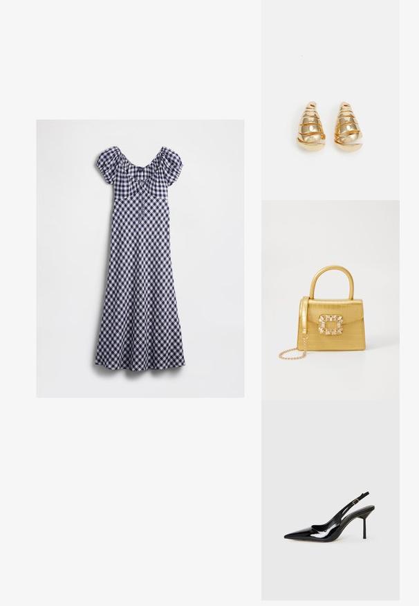 Tamsiai mėlynas ir baltas languotasis suknelė su pūstomis rankovėmis, apnuoginta pečiais, ir prigludusia liemene, kuri plečiasi iki midi ilgio.; Juodas blizgus odinis batelis su smailiu priekiniu galu, slingback stiletto kulnu, plona juostele ir auksiniu užpildu ant baltos fono.; Geltonas dirbtinės krokodilo odos rankinukas su standžiu dizainu, viršutine rankena, nuimamu grandininiu dirželiu ir dekoratyviniu krištolo papuošimu ant užsegimo.; Auksinės auskarai, kurių forma primena pailgas kūgio formas su spiraliniais raštais. Lygi paviršius su atspindinčiu finišu, papuoštas išlenktais akcentais.