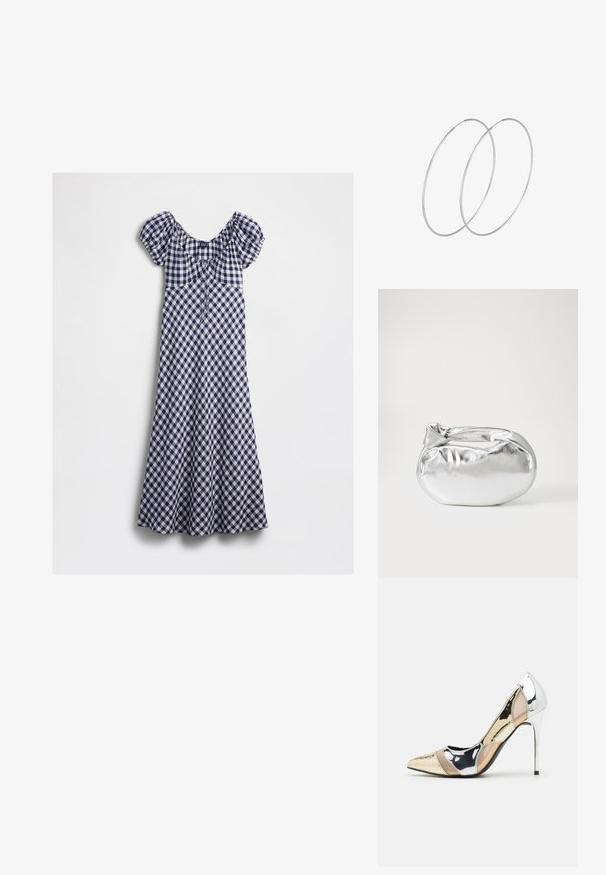 Marinblå och vit rutiga klänning med puffärmar, off-the-shoulder halsringning och en figurnära bodice som flare ut till en midi-längd.; Spetsig tå högklackad sko med en färgpalett av silver, guld och nude. Glansig yta med utskärningsdesign, utrustad med en stilettklack.; Silverfärgad metallisk påse med en mjuk, rundad form och en knutstängning upptill. Tillverkad av ett mjukt material i konstläder.; Silverfärgade hoopörhängen med en minimalistisk design. Cirkulär form, slät yta och tunn profil. Lätta med en polerad finish.