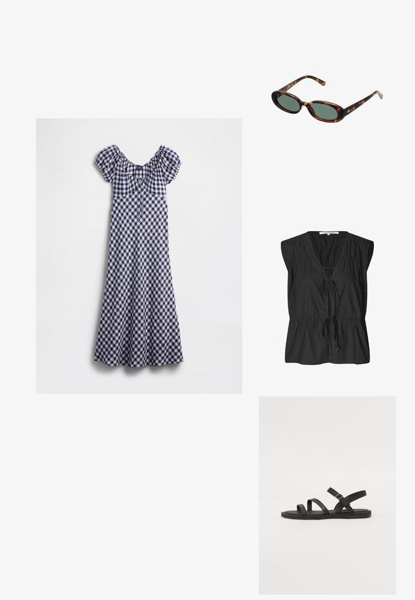 Jūras spēku un baltas krāsas puķu raksta kleita ar puff piedurknēm, pie kakla bez pleciem un pieguļošu augšdaļu, kas izplešas līdz midi garumam.; Second Female FELIXA - Blūze - black; Melnas ādas sandalēs ar trim platām jostām pāri kājai un regulējamu potītes jostu. Plakana zole ar minimālu profilējumu. Vienkāršs dizains.; Bruņurupuča apvalka saulesbrilles ar ovālām rāmēm un zaļiem stikliem. Rāmjiem ir plānas kājas ar metāla akcentu tuvu eņģēm.; Austa dzeltenā soma ar izliekta augšējo rokturi un neformētu formu. Tekstūrētais virsmas slānis visā virsmā satur krustveida rakstu.