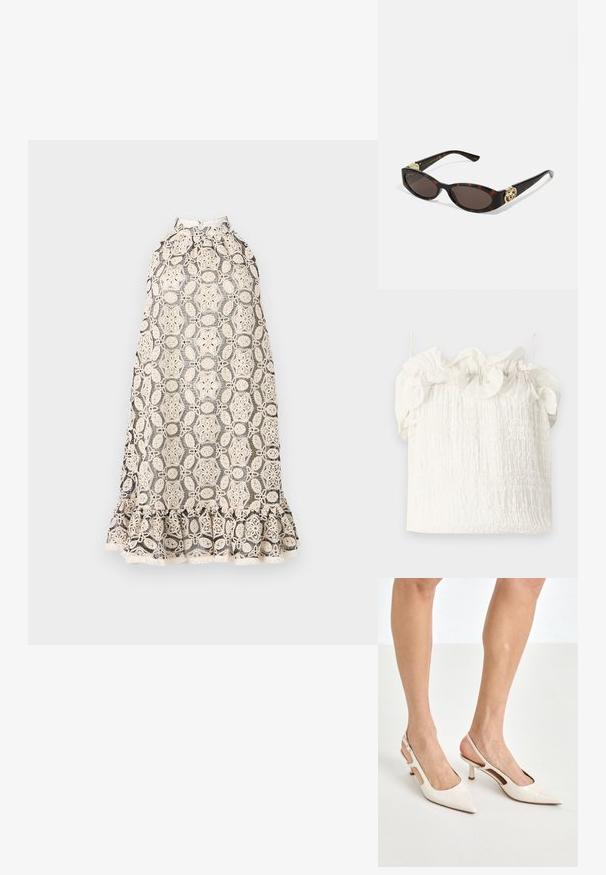 Rochie din dantelă cu guler halter, având o bază crem cu modele florale intricate și o margine ondulată. Material ușor și texturat.; Hofmann Copenhagen EXCLUSIVE GENEVIVE - Top - off white; Cizme slingback din piele vopsită bej, cu vârf ascuțit și toc de 5 cm, având laterale decupate și o curea subțire la gleznă.; Ochelari de soare din țiglă cu lentile ovale alungite, nuanță maro, accente cu logo auriu pe brațele laterale și brațe negre elegante.; Geantă albă cu flori, cu o suprafață din material adunat, bretea din lanț cu aspect auriu și închidere metalică. Prezintă petale texturate pentru un plus de detaliu.