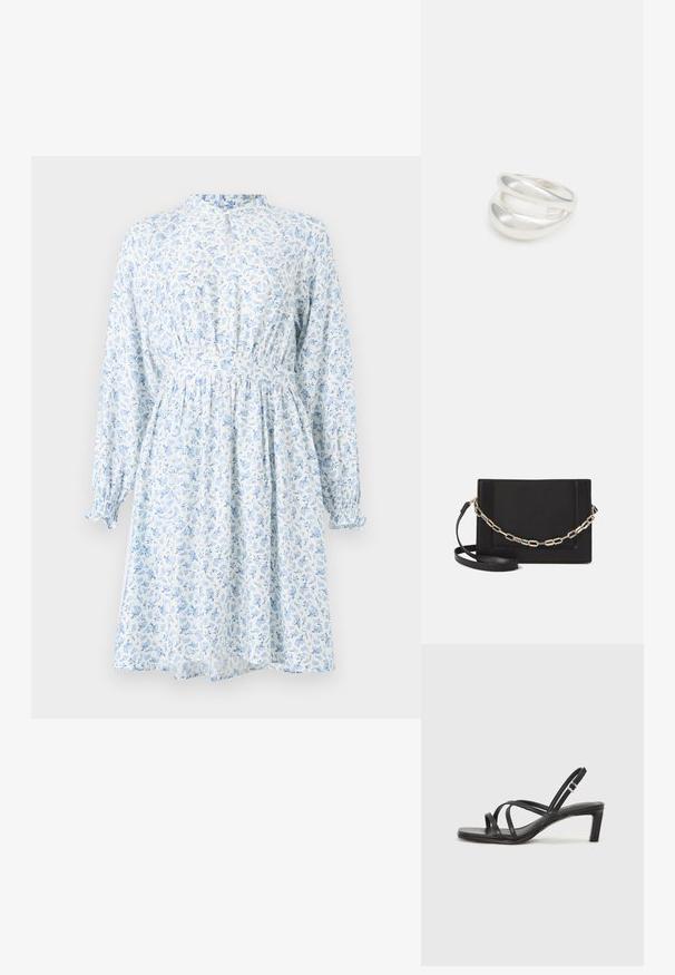Kvetinové šaty v svetlomodrej a bielej farbe, s dlhými rukávmi, zberaným pásom a vysokým výstrihom. Obsahujú jemné botanické vzory.; Čierne sandále na vysokom podpätku so štvorcovou špičkou a nízkym blokovým podpätkom. Obsahujú viacero tenkých popruhov a nastaviteľný členkový popruh. Vyrobené z hladkej kože.; Čierna kožená crossbody taška s hladkou textúrou, obdĺžnikovým tvarom a kovovým reťazovým detailom na prednej strane. Súčasťou je nastaviteľný popruh.; Strieborný prsteň s dvojitým pásikom s hladkým, lesklým povrchom. Má plynulý, zakrivený dizajn s prekryvajúcimi sa časťami pre moderný vzhľad.