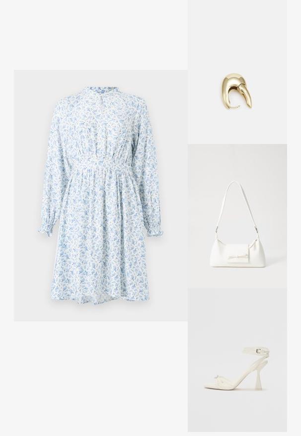 Kvetinové šaty v svetlomodrej a bielej farbe, s dlhými rukávmi, zberaným pásom a vysokým výstrihom. Obsahujú jemné botanické vzory.; Biele kožené sandále na vysokom podpätku s pásikmi, elegantným dizajnom, priehľadným blokovým podpätkom a dekoratívnym prvkom na špičke.; Biela syntetická kabelka s trojuholníkovým tvarom, plochým predným klapkou a detailom mašle, nastaviteľným popruhom, hladkou textúrou a minimalistickým dizajnom.; Náušnice z kovu v zlatej farbe s elegantným, zakriveným dizajnom. Majú charakteristický špicatý tvar, leštený povrch a uzáver na pánt.