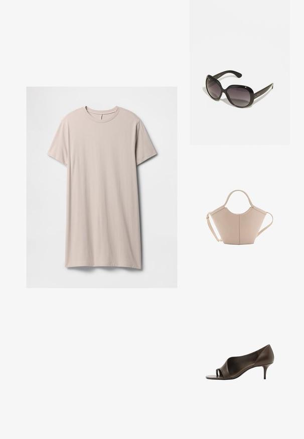 Krótkodzieżowa sukienka w jasnym beżu, wykonana z miękkiej bawełny, z krótkimi rękawami, okrągłym dekoltem oraz prostym krojem o gładkiej fakturze.; Brązowy skórzany but na wysokim obcasie z otwartym palcem, o gładkiej teksturze i smukłym obcasie szpilce. Posiada wycięty design i minimalistyczny kształt.; Czarne okulary przeciwsłoneczne z przerośniętymi, okrągłymi oprawkami. Soczewki w gradiencie od ciemnego do jasnego. Posiadają gładkie, błyszczące wykończenie i subtelne akcenty logo na zausznikach.; Beżowa skórzana torebka o unikalnym kształcie, z dwoma krótkimi uchwytami i długim, regulowanym paskiem. Gładka tekstura z minimalną ilością elementów metalowych.