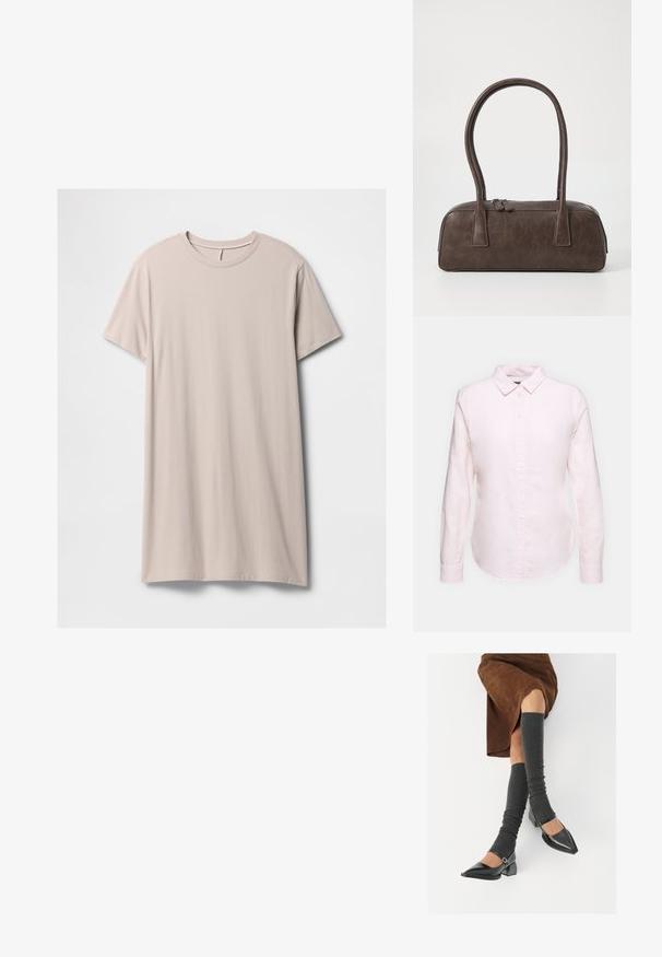 Šviesiai bežinis marškinėlių suknelė, pagaminta iš minkštos medvilnės, su trumpomis rankovėmis, apvalia iškirpte ir tiesiu siluetu, turinti lygią tekstūrą.; Šviesiai rožinė ilgom rankovėm marškiniai su užsegamu apykakle, turintys tiesią apatinę kraštinę ir minkštą tekstūrą, pagaminti iš lengvo medvilnės audinio.; Juodi lakuoti odiniai batai su aštriu kuma ir bloko kulnu, derinami su pilkais riebiais kojų šildytuvais ir rudais zomšiniais sijonais.; Ruda odinė rankinė su dviem tvirtais rankenėlėmis, stačiakampio formos, lygi tekstūra ir užtrauktuku. Minimalistinis dizainas be matomų raštų.