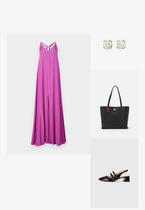Rochie maxi lungă și fluidă, de culoare roz aprins. Prezintă bretele subțiri cu un design răsucit și un detaliu în formă de cheie la piept. Textură netedă.; Pantoful slingback din piele lacuită neagră, cu vârf ascuțit, detaliu cu două bareturi, accente circulare aurii și toc mic pătrat.; Geantă tote din piele neagră, cu două mânere lungi, finisaj texturat, accesorii aurii și un etichetă burgundă. Design spațios, cu deschidere pe partea de sus.; Cercei din diamant cu pietre tăiate rotund, montați în prinderi din aur galben cu șase colți, având o suprafață transparentă și strălucitoare.