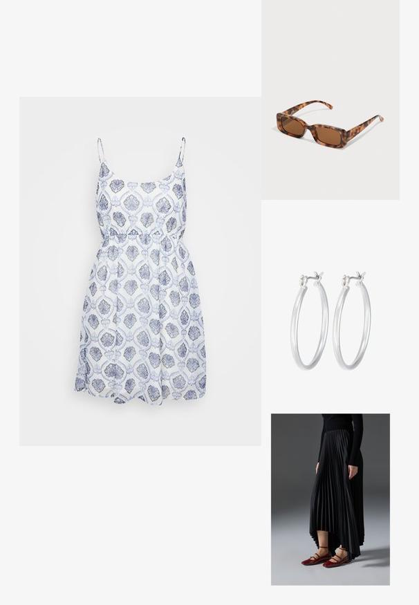 Šaty bez rukávov s priliehavým korzetom a elastickým pásom. Modro-biely vzor s bohatými kvetinovými motívmi na ľahkej látke.; Čierna plisovaná sukňa s vysokým a nízkym lemom, skombinovaná s lesklými červenými balerínami s dizajnom remienkov. Tkanina má hladkú textúru.; Rámik slnečných okuliarov z korytnačiny s obdĺžnikovými hnedými sklami, hrubým rámom a štíhlymi stranicami so vzorom rôznych odtieňov hnedej.; Strieborné kruhové náušnice s hladkým, lesklým povrchom. Kolový tvar a bezpečné klikanie na uzatváranie. Ľahký dizajn vhodný na každodenné nosenie.