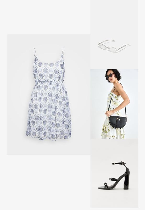 Kratka haljina bez rukava s prilagođenim gornjim dijelom i elastičnom stražnjicom. Plavo-bijeli uzorak s bogatim cvjetnim dizajnom na laganom materijalu.; Crne lakirane sandale na pete sa kvadratnim nosom, trakama oko gležnja i srebrnim kopčama. Imaju čvrst blok petu za stabilnost.; Ovalne naočale s metalnim srebrnim okvirom, prozirnim staklima i teksturiranim bisernim detaljima na krakovima. Lagani dizajn s zakrivljenim krakovima.; Crna kožna torba s lukovitim oblikom, odvojivim remenom i zlatnim detaljima. Torba ima preklop s kopčom.
