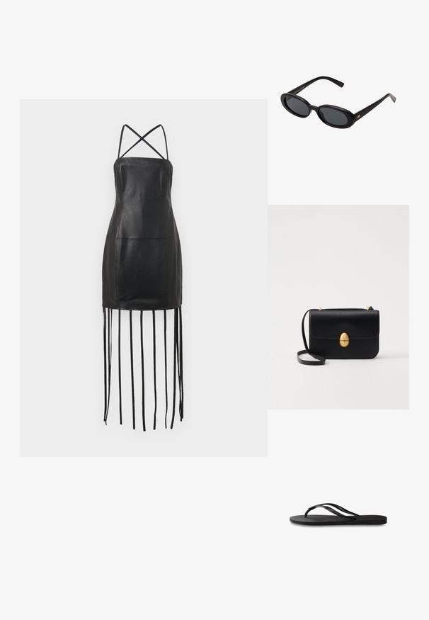 Fekete bőrdressz vékony keresztpántokkal, testhezálló felső résszel és a szegélyről lelógó rojtos részletekkel. Simább textúra és minimalista dizájn.; Fekete papucs texturált gumitalppal, két vékony pánttal és finom, domború logóval a pánton.; Fekete, oversize napszemüveg ovális lencsékkel, sima műanyag kerettel és arany részletekkel a fülpánton. Sötét lencséi védelmet nyújtanak a napfény ellen.; Fekete bőr kézitáska, struktúrált, téglalap alakú formával. Arany ovális kapoccsal és vékony vállpánttal rendelkezik. Sima textúrájú.
