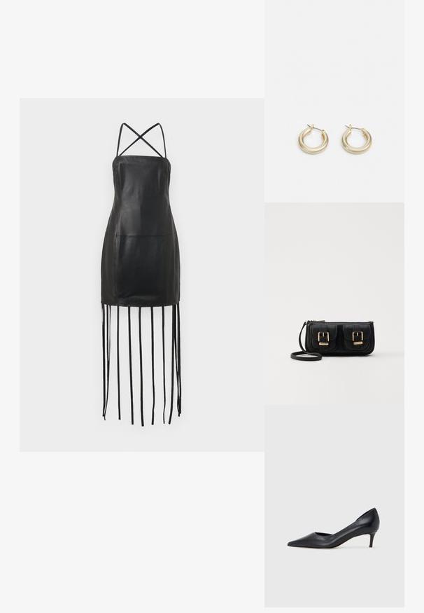 Rochie din piele neagră cu bretele subțiri încrucișate pe spate, corset ajustat și detalii cu franjuri care atârnă de margine. Textură netedă și design minimalist.; Pantof din piele neagră, cu vârf ascuțit și toc mic. Are o textură netedă și un luciu subtil. Decupaj deschis în partea din față pentru un detaliu suplimentar.; Geantă neagră din piele, tip crossbody, cu două buzunare frontale, catarame aurii, închidere cu fermoar și o curea subțire. Suprafață texturată și formă rectangulară compactă.; Lauren Ralph Lauren BASIC SMALL HOOP - Cercei - gold-coloured
