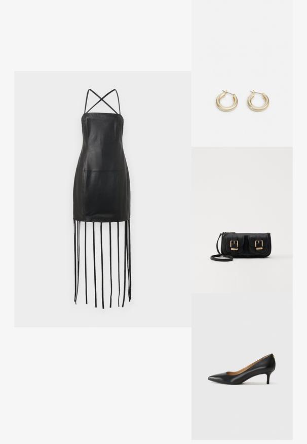 Černé kožené šaty s tenkými křížovými ramínky, přiléhavým korzetem a třásněmi visícími z lemu. Hladká textura a minimalistický design.; Černé kožené lodičky s špičatou špičkou, nízkým podpatkem a hladkým povrchem. Mají mírné otevření vpředu a minimální kovové prvky na zadní straně.; Černá kožená crossbody taška se dvěma předními kapsami, zlatými přezkami, zipovým uzávěrem a štíhlým popruhem. Texturovaný povrch a kompaktní obdélníkový tvar.; Lauren Ralph Lauren BASIC SMALL HOOP - Náušnice - gold-coloured