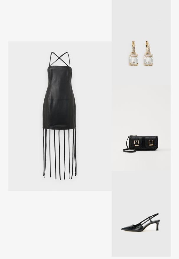 Črna usnjena obleka s tankimi naramnicami na hrbtu, prilegajočim korzetom in resicami, ki visijo s spodnjega roba. Gladka tekstura in minimalističen dizajn.; Črne lakaste slingback pete s koničastim nosom, ki imajo teksturiran vzorec kačje kože, nastavljiv trak in kratek teksturiran blok peto.; Črna usnjena torbica čez ramo z dvema sprednjima žepoma, zlatimi zaponkami, zadrgo in ozkim pasom. Tekstura površine je strukturirana, obliko pa ima kompaktno pravokotno.; Zlato obarvani uhani, ki vsebujejo pravokoten, prozoren kristal, obešen pod vrsto majhnih, okroglih prozornih dodatkov. Elegantna, moderna zasnova.