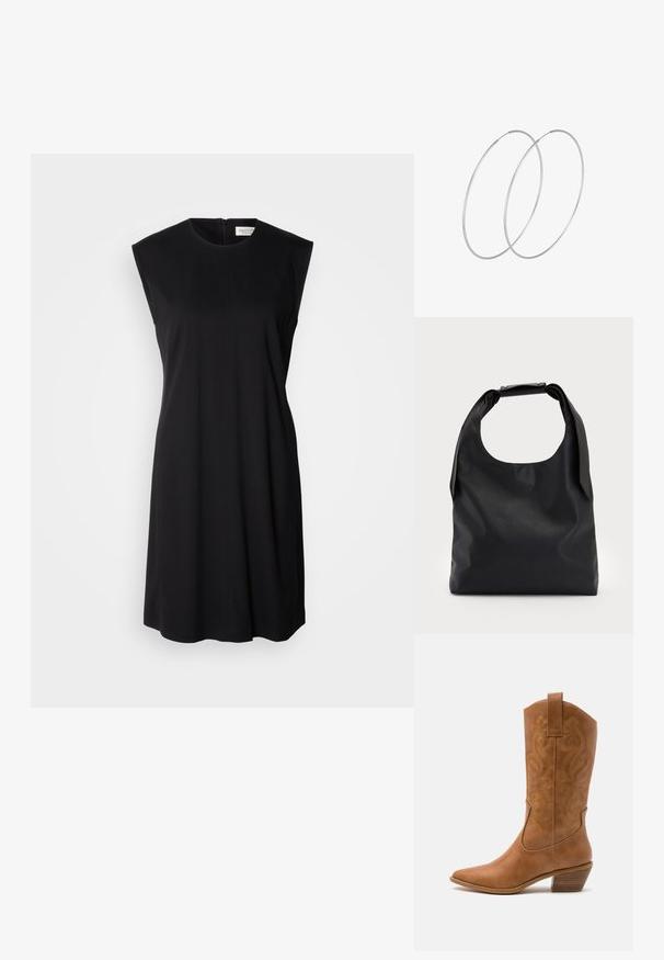 Črna brezrokavna obleka iz gladkega materiala, z zaobljenim izrezom in zadrgo na hrbtu. Ravna silhueta z minimalnimi detajli.; Rjavi usnjeni kauboj čevlji s koničastim nosom, vezenimi vijugastimi vzorci na zgornjem delu in zloženim kvadratnim peto. Imajo zanko za enostavno obuvanje.; Črna usnjena torba hobo z enim mehkobnim, okroglim ročajem; ima gladko teksturo in minimalističen dizajn. Brez vidnih kovinskih delov ali poudarkov.; Srebrne uhane v obliki obroča z minimalističnim dizajnom. Krožna oblika, gladka tekstura in tanek profil. Lahki s poliranim zaključkom.