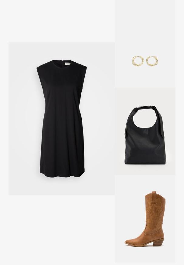 Vestido preto sem mangas, feito de um tecido suave, apresentando um decote redondo e um fecho nas costas. Corte reto com detalhes minimalistas.; Bota de cowboy em couro cáqui com bico pontiagudo, padrões de bordado em espiral no cano e um salto em bloco empilhado. Inclui uma alça para fácil calçar.; Saco hobo de couro preto com uma única alça suave e arredondada; apresenta uma textura suave e um design minimalista. Sem hardware ou acabamentos visíveis.; Brincos de argola dourados com um formato irregular e texturizado. Apresentam um fecho sem emenda e um acabamento polido, destacando um design moderno.