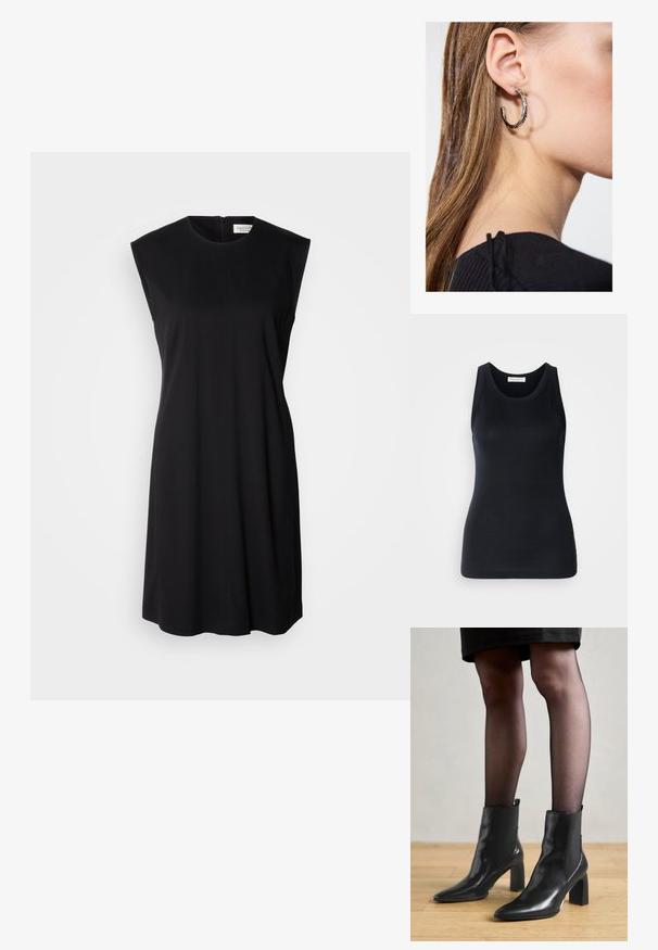 Fekete ujjatlan ruha sima anyagból, lekerekített nyakkivágással és hátsó cipzárral. Egyenes fazon minimalista díszítéssel.; Fekete ujjatlan felső, puha, rugalmas anyagból készült. Kerek nyakkivágással és széles vállpántokkal rendelkezik, testhezálló szabású és sima textúrájú.; Fekete bőr bokacsizma, hegyes orral, vastag négyzetes sarkal és letisztult dizájnnal. Az egyszerű felvételt segítő elasztikus oldalsó panelek jellemzik.; Ez egy ezüst fülbevaló, sima felülettel, amelyen apró arany díszítőelemek találhatók. Kerek formájú és a fülcimpán viselik.