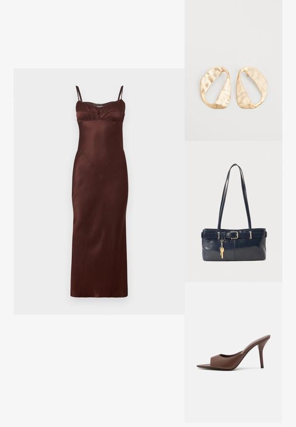 Satin midi šaty v tmavohnedej farbe s tenkými nastaviteľnými ramienkami, priliehavým telom, zberným detailom na dekolte a hladkou textúrou.; Hnedé kožené sandále na vysokom opätku s otvorenou špičkou a elegantným dizajnom, s širokým predným pásikom a štíhlou stiletto pätou.; Námornícka kožená kabelka s dvoma dlhými uchami, detailom s prackou a pripojeným kľúčovým držiakom. Má hladkú textúru a obdĺžnikový tvar.; Pár nepravidelných oválnych zlatistých kovových náušníc s textúrovaným, mierne rozbitým povrchom na bielom pozadí.