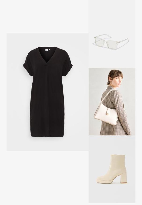 Črna kratka obleka s kratkimi rokavi in V-izrezom, sproščenega kroja. Narejena iz gladkega materiala z nežnim leskom, s srednjim šivom po sprednji strani.; Bež usnjena gležnjarica z blok peto in platformo, gladka površina in rahlo kvadratni prst, obrnjena levo na belem ozadju.; Prozorne kvadratne plastične očala s prozornimi lečami, ki imajo zlato dekoracijo na ročajih za dodaten pridih podrobnosti.; Bela usnjena torba s strukturirano zasnovo, opremljena z magnetnim zapiranjem in naramnico, prikazana na nevtralni ozadju.