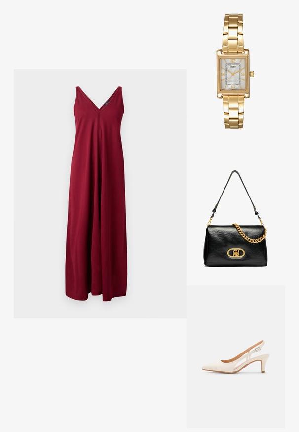 Bordeaux színű ujjatlan maxiruha V-nyakkal, puha anyagból készült, laza szabású és földig érő dizájnú.; Fehér slingback sarok, hegyes orral, sima felső anyaggal, alacsony blokk sarkával és oldalsó kivágott dizájnnal, állítható csatpánttal.; Fekete bőr válltáska gyűrött textúrával, aranylánc-kiegészítővel és hangsúlyos arany csattal, amelyen ovális logó található. Állítható vállpánt.; Aranyszínű, téglalap alakú karóra fehér számlappal, ezüstszínű óránymarkerekkel és strapabíró fém láncszíjjal. Vízálló funkcióval rendelkezik.