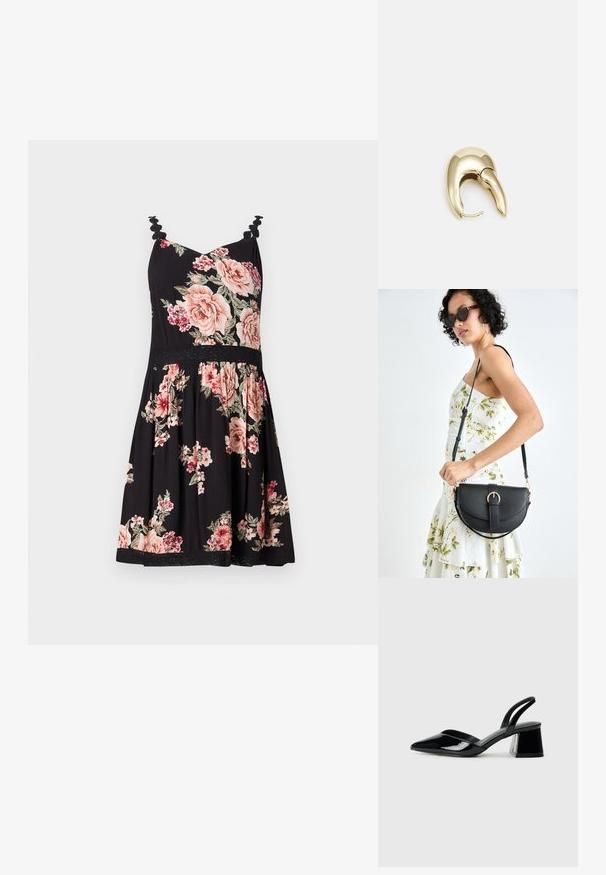 Kvetinové slnečné šaty s čiernym pozadím, ružovými a bielymi ružami, volánovými ramienkami, priliehavým korzetom, rozšírenou sukňou a čipkovým lemovaním na spodnej časti.; Čierne lakované kožené sandálové podpätky s špicatou špičkou a geometrickým blokovým podpätkom. Disponujú elegantným, minimalistickým dizajnom a hladkým povrchom.; Čierna kožená kabelka s zaobleným tvarom, odnímateľným popruhom a zlatými doplnkami. Kabelka má klopu s detailom s prackou.; Náušnice z kovu v zlatej farbe s elegantným, zakriveným dizajnom. Majú charakteristický špicatý tvar, leštený povrch a uzáver na pánt.
