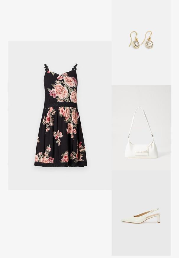 Cvjetna ljetna haljina s crnom pozadinom, ružičastim i bijelim ružama, naboranim naramenicama, uskim tijelom i lepršavom suknjom, čipkastim rubom na dnu.; Bijela patent kožna sandala sa uskog vrha i niskom blok petom. Ima suptilnu traku s detaljem zlatnog kopčanja.; Bijela sintetička torbica s trokutastim oblikom, ravnim prednjim poklopcem i detaljem u obliku mašne, podesivom remenom, glatkom teksturom i minimalističkim dizajnom.; Zlatne naušnice s ovalnim prozirnim kristalima okruženim manjim prozirnim kamenčićima, s dizajnom na kuku za sigurno nošenje.