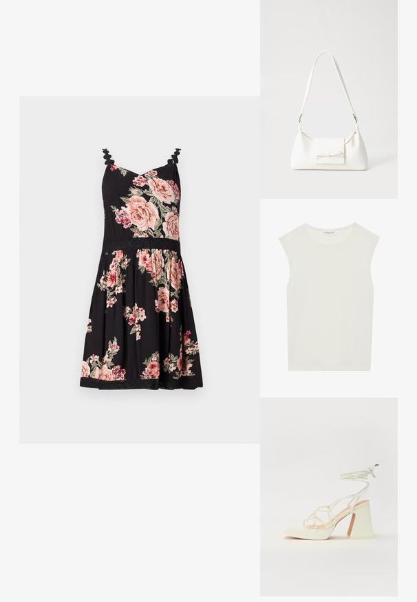 Cvjetna ljetna haljina s crnom pozadinom, ružičastim i bijelim ružama, naboranim naramenicama, uskim tijelom i lepršavom suknjom, čipkastim rubom na dnu.; Bijela majica bez rukava s okruglim izrezom. Izrađena je od glatkog materijala, nudi opušteni kroj i minimalistički dizajn. Bez uzoraka ili ukrasa.; Bijela sandala na visokoj potpetici s debelim petom, s remenom i vezanjem oko gležnja. Glatka tekstura s platformom sprijeda za dodatnu visinu.; Bijela sintetička torbica s trokutastim oblikom, ravnim prednjim poklopcem i detaljem u obliku mašne, podesivom remenom, glatkom teksturom i minimalističkim dizajnom.