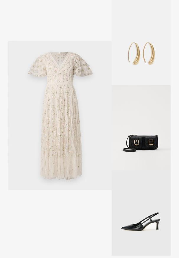 Valkoinen broderad klänning i tyg med korta puffärmar, V-ringning, blommönster i rosa och grönt samt volangdesign på kjolen.; Musta patent slingback-kiilakorko teräväkärkisellä muotoilulla, jossa on teksturoitu käärmeennahkakuosi, säädettävä remmi ja lyhyt, teksturoitu blokkiheel.; Musta nahkainen olkalaukku, jossa on kaksi etutaskua, kultaiset soljet, vetoketjukiinnitys ja kapea hihna. Teksturoidun pinnan ja kompaktin suorakaiteen muoto.; Korvakorut kultasävytteistä metallista, joissa on kaareva, pitkänomainen muoto. Ominaisuuksiin kuuluu sileä, kiiltävä pinta ja pyöreä kärki lisäyksinä.