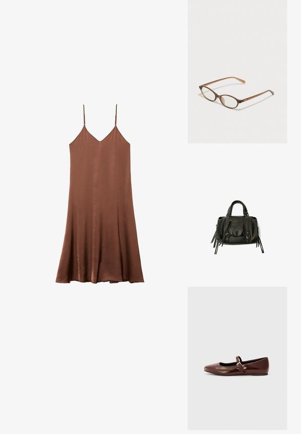 Hnedé saténové šaty na ramienka s nastaviteľnými ramienkami, výstrihom do V a splývavým strihom v A-líne. Hladká textura a jednoduchý dizajn.; Hnedé lakované baletky s hranatou špičkou a pásikom s malou zlatou prackou. Hladká textúra, nízky podpätok a minimalistický dizajn.; Hnedé želvovinové okuliare s oválnymi sklíčkami, tenkými ramenami a priesvitnými akcentmi. Obsahujú jemný logo na stranici. Štýlový, ľahký dizajn.; Čierna kožená kabelka s vrkočovými uchami, zipsovou kapsou a zavesenými strapcami. Textúrovaný povrch s kovovými cvokmi a akcentmi z kovu.