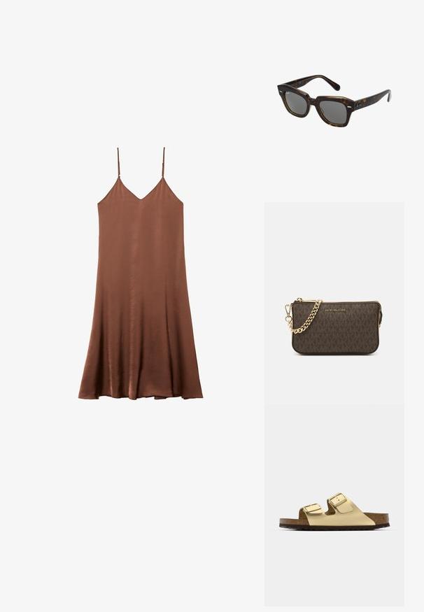 Braunes Satin-Spaghettikleid mit verstellbaren Spaghettiträgern, V-Ausschnitt und fließender A-Liniensilhouette. Glatte Textur und Einfachheit im Design.; Goldene vegane Ledersandalen mit zwei verstellbaren Riemen, Korkfußbett und dunkler Gummisohle. Glatte Textur mit metallischem Finish.; Rechteckige Sonnenbrille mit einem Schildpatt-Kunststoffrahmen, dunklen Gläsern und silbernen Akzenten an den Seiten. Hergestellt in Italien.; Braune Leder-Crossbody-Tasche mit Logo-Muster, goldener Kettenriemen, Reißverschlussverschluss und goldenen Hardware-Details. Kompakte und rechteckige Form.