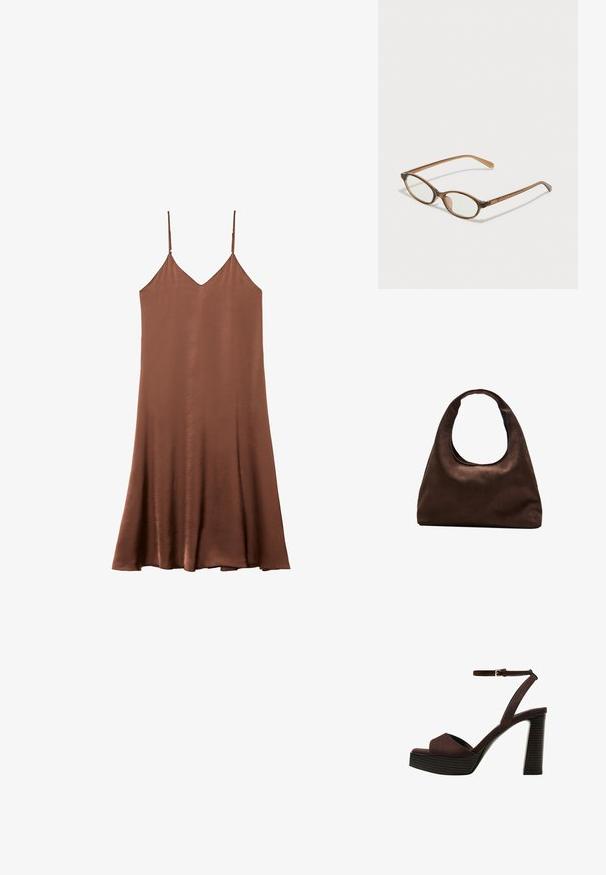 Brun satin glidemask med justerbare spaghetti-stropper, v-halsudskæring og en flatterende A-linje silhuet. Glat tekstur og enkelhed i designet.; Brune ruskinds højhælede sandal med åben tå, justerbar ankelrem og en stribet plade sål.; Brune skildpaddemønstrede briller med ovale linser, tynde arme og gennemsigtige accenter. Har et diskret logo på stangen. Slankt, let design.; Blød brun hobo-stil håndtaske med en enkelt bred strop og en buet åbning på toppen, vist på en hvid baggrund.