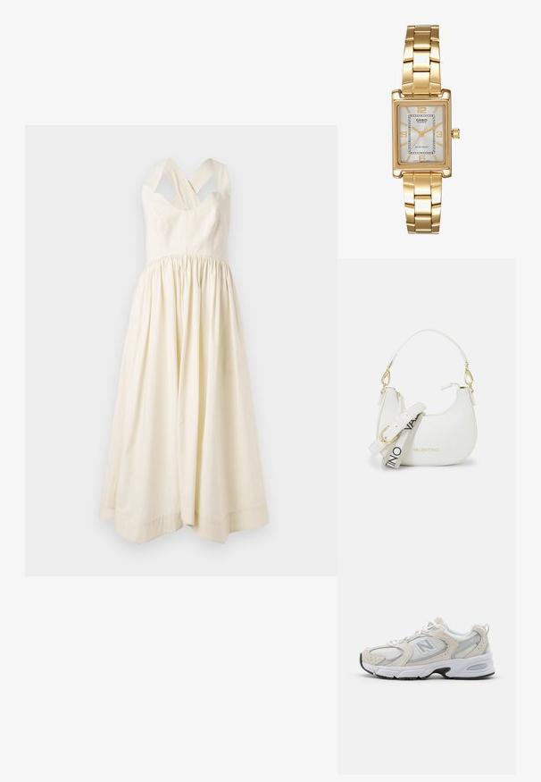 Krémové cukříkové šaty z bavlny s těsným korzetem a nařasenou, splývavou sukní. Mají široké zkřížené ramínka a jednoduchý design.; Atletická obuv s lehkým šedým síťovaným svrškem s semišovými akcenty, bílými tkaničkami a černou gumovou podrážkou. Výrazným detailem je tlumení ABZORB.; Bílá kabelka s zakřivenou siluetou, texturovaná kůže, zlaté kovové detaily a odnímatelný popruh s logem a přezkovým detailem.; Zlatý obdélníkový náramkový hodin s bílým ciferníkem, stříbrnými indexy a odolným kovovým náramkem. Obsahuje voděodolnou funkci.