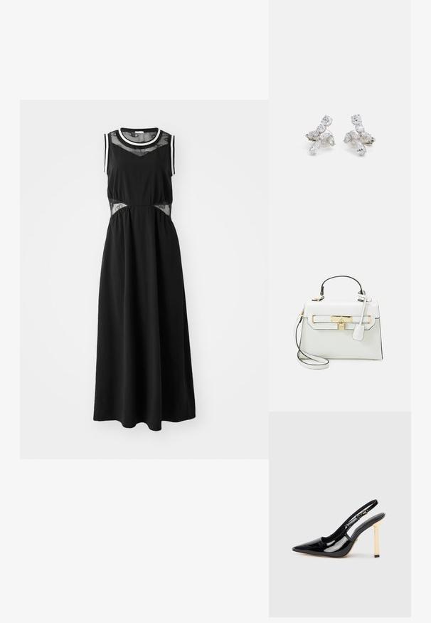 Fekete maxi ruha ujjatlan fazonnal, hálós betétekkel a deréknál és kontrasztos fehér díszítéssel a nyakkivágásnál és a karfejeknél. Sima szövet textúra.; Fekete lakkbőr pántos magassarkú cipő hegyes orral és aranyszínű négyzet sarkú díszítéssel. Állítható bokapánttal rendelkezik.; Fehér kézitáska krokodilbőr textúrával, arany hardware-rel, felső fogantyúval és levehető vállpánttal; zárható fedéllel és minimalista dizájnnal rendelkezik.; Ezüstszínű fülbevalók, amelyek tiszta, csillogó kövekből készültek, különböző formákban, beleértve a kerek és marquise (mandula) alakot, virágos mintában elrendezve.