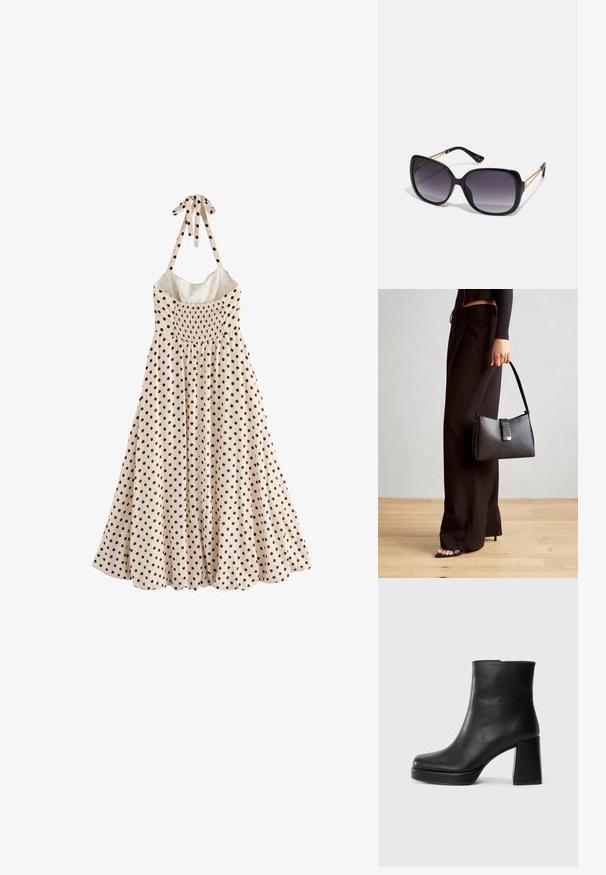 Bela obleka brez rokavov ima črne pikice, nabran korzet in trak okoli vratu, pada do razširjenega roba.; Črne usnjene gležnjarje z blok peto in platformo, prikazane s strani na enobarvni beli podlagi.; Črne prevelike sončne očala z degradacijskimi lečami, debelimi okvirji in zlatimi verižicami na ročajih.; Črna torbica z strukturirano obliko, gladko teksturo in kovinskim zaponko. Ujemajo se z širokimi črnimi hlačami in odprtimi sandali na lesenem tleh.