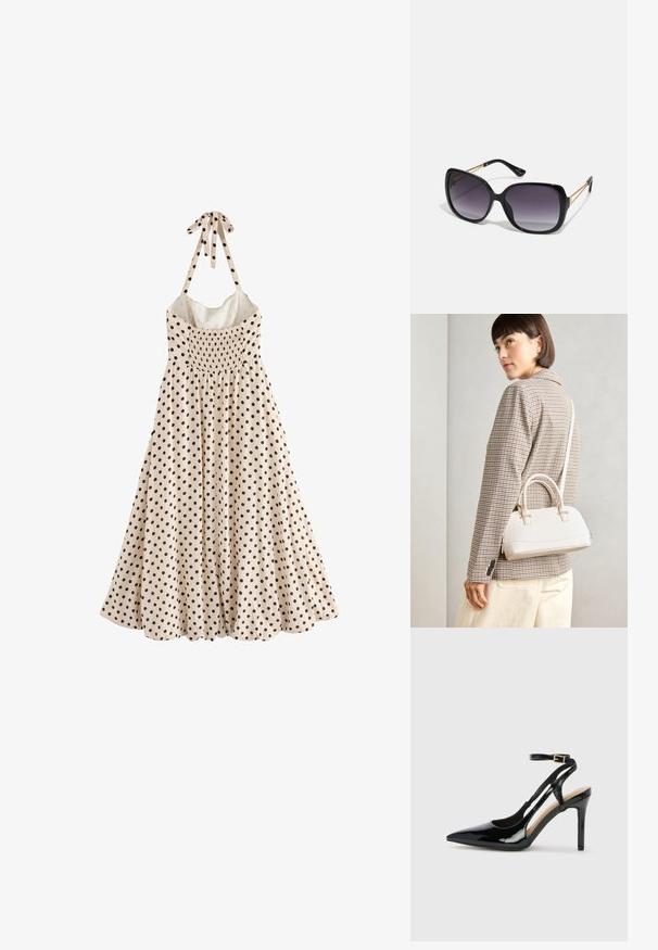 Haljina bez rukava u krem boji sa crnim točkicama, nabranim korzetom i mašnom oko vrata, pada do lepršavog rubnog dela.; Crne lakirane kožne cipele na visokom potplatu sa otvorenim petama, špicastim vrhom i podesivim remenom oko gležnja. Glatka tekstura.; Crne prevelike sunčane naočale s gradijentnim lećama, debelim okvirom i zlatnim lancem kao detaljem na krakovima.; Bijela strukturna torba s kratkim ručkama i remenom za rame, s zlatnim metalnim detaljima i teksturiranim materijalom, prikazana na sivoj pozadini.