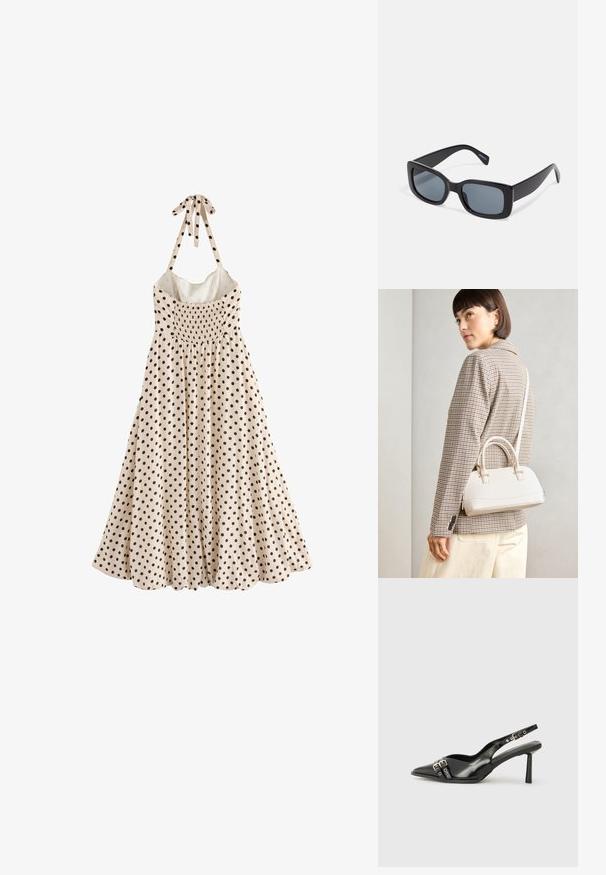 Beiginė be rankovių suknelė pasižymi juodais taškeliais, rinkta liemeniu ir kaklo raiščiu, siekia išplėstą apatinę dalį.; Juodas lakuotas odinis batelis su smailiu pirštu, kulkšnies dirželiais su sidabrinėmis sagtimis ir detalėmis, bei plonu kulnu.; Juodos stačiakampės saulės akinių su tamsiai tamsintais lęšiais, storesnio plastiko rėmu ir plačiomis šventyklomis. Lygi paviršius ir kampuotas dizainas.; Balta struktūruota rankinė su trumpomis rankenomis ir peties diržu, su auksinėmis detalėmis ir tekstūruota medžiaga, pastatyta prieš pilką foną.