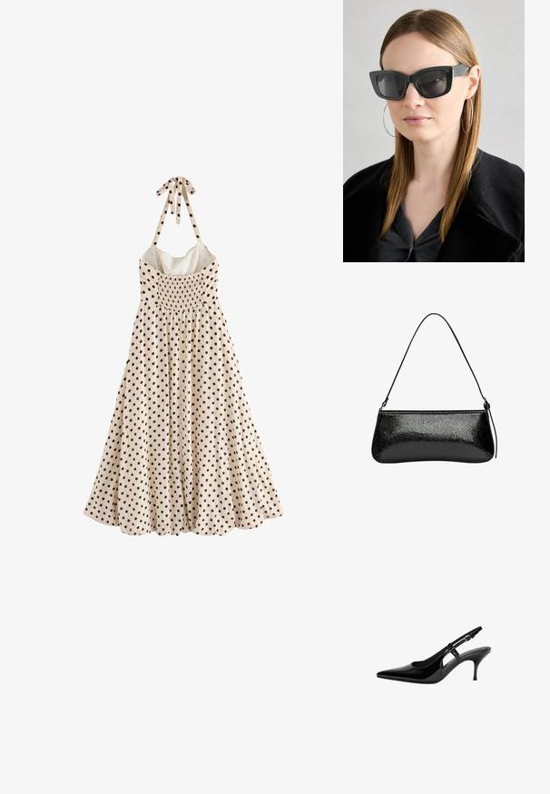 En ærmeløs, crema kjole med sorte polkaprikker, en indsamlet bodice og en sløjfe ved halsen, der falder til en flagrende kant.; Sorte patentlæder slingback-pumper med spids tå, åbne sideudskæringer, slank hæl og justerbar ankelrem.; Sorte katteøje solbriller med mørke linser, tykke rammer og subtile detaljer. Båret med en sort frakke og en grå bluse, med langt, glat hår.; PULL&BEAR Håndtasker - black