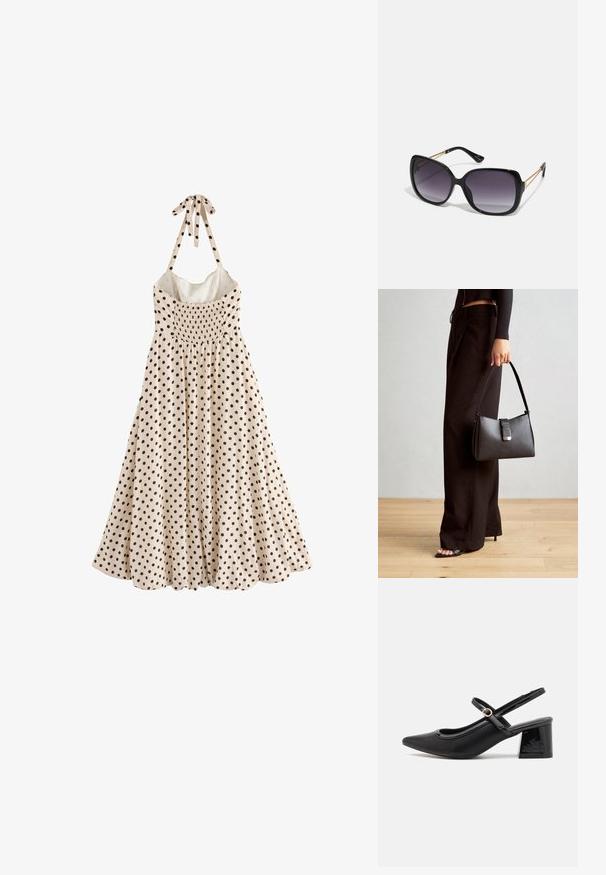 Bela obleka brez rokavov ima črne pikice, nabran korzet in trak okoli vratu, pada do razširjenega roba.; Črne patentne usnjene salonarce s slingback obliko, s koničastim nosom, zaobljenim izrezom in blok peto. Imajo zlato kovinsko zaponko kot dodatno okrasje.; Črne prevelike sončne očala z degradacijskimi lečami, debelimi okvirji in zlatimi verižicami na ročajih.; Črna torbica z strukturirano obliko, gladko teksturo in kovinskim zaponko. Ujemajo se z širokimi črnimi hlačami in odprtimi sandali na lesenem tleh.