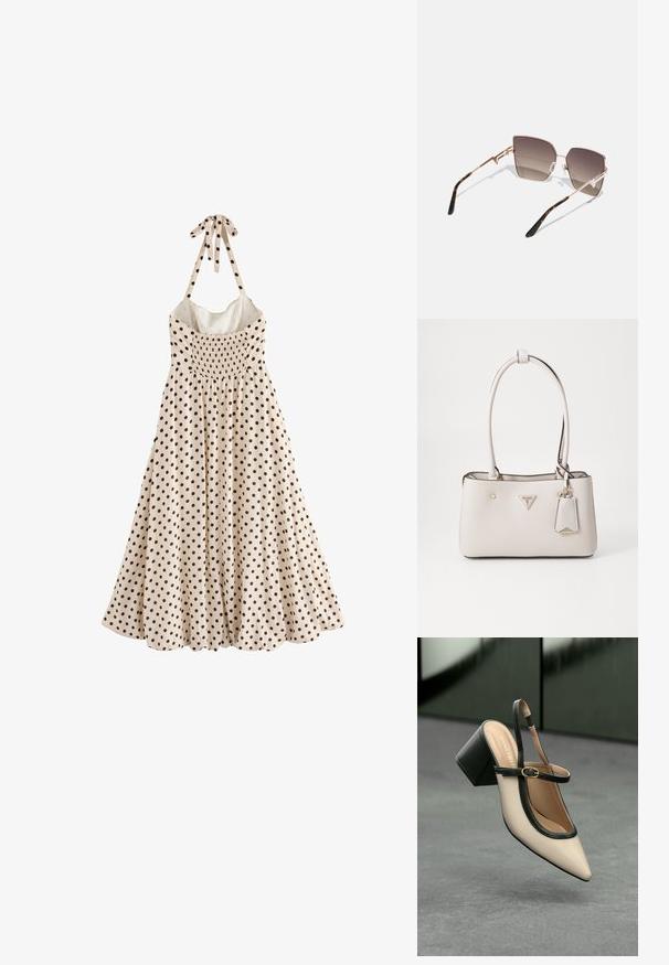 Une robe sans manches, de couleur crème, est ornée de pois noirs, avec un buste froncé et un nœud au cou, tombant jusqu'à un ourlet évasé.; Escarpin beige à bout pointu et bride arrière, avec des finitions noires, une boucle dorée et un talon bloc épais, posé sur un sol gris avec un fond vert foncé.; Lunettes de soleil avec une monture métallique rose doré, verres angulaires dégradés du brun foncé au brun clair, et motif écaille sur les branches.; Sac à main en simili cuir beige avec une texture lisse, deux poignées de portée, des accessoires en or, une plaque logo et une étiquette attachée.