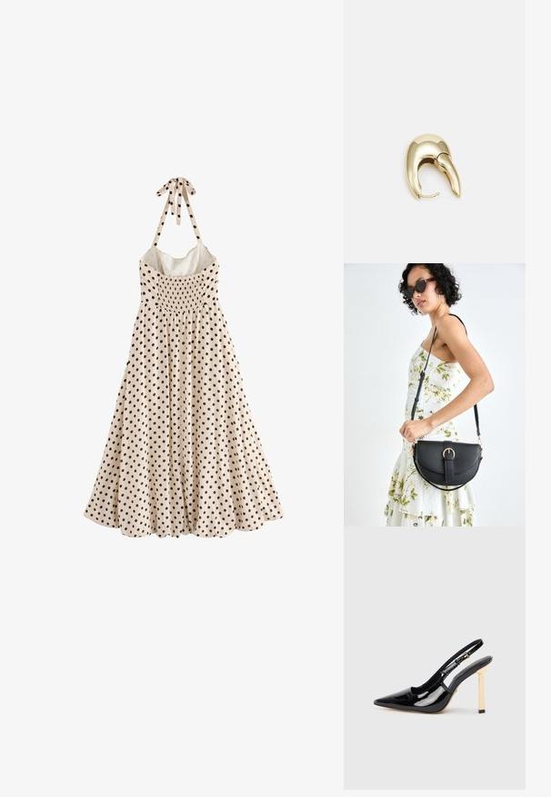 Õlavarreavaga kreemivärvi kleit, millel on mustad täpid, kogutud bodice ja kaela sidumiseks nööride, langeb laieneva allääreni.; Mustmust mustjalanik strappy kõrge kontsaga king, millel on terav nina ja kuldse tooni ruudukujuline kand. Omab reguleeritavat pahkluu rihma.; Mustmust mustraha kõverate joontega, eemaldatava rihmaga ja kuldsete detailidega. Kotil on klapp, millel on pandladetail.; Kuldtooni metallist kõrvarõngas, millel on elegantne ja kaarjas disain. Omab silmapaistvat teravat kuju, poleeritud pinda ja hingesulgemist.