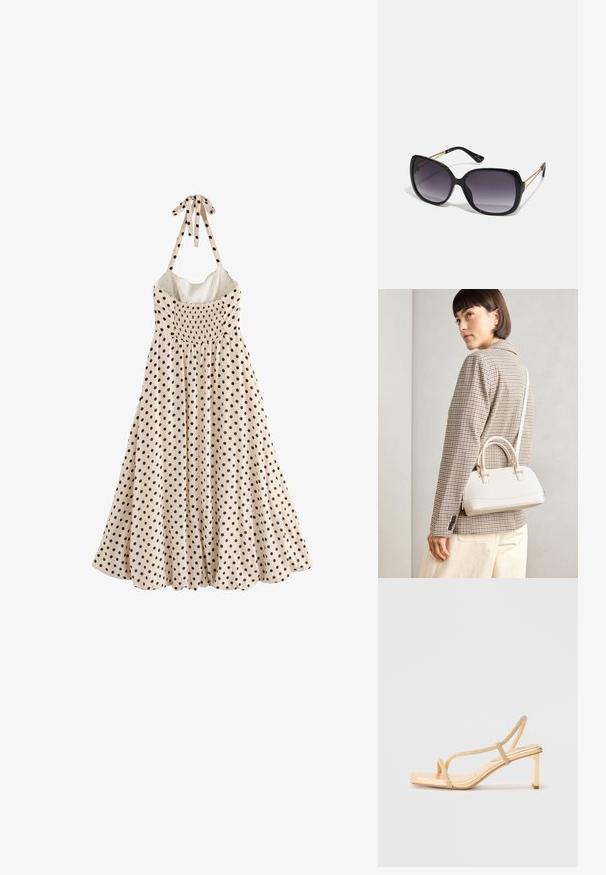 Yksiolkaiminen, kerma värinen mekko, jossa on mustia pilkkuja, rypytetty vartalo ja nauha kaulassa, ulottuu kimalteeseen.; Kultaiset korkokenkä sandaalit, joissa on koristellut nauhat, neliön muotoinen kärki ja ohut lohkokorko vakauden takaamiseksi.; Mustat ylisuurten kehysten aurinkolasit, joissa on liukuväri-linssit, paksut kehykset ja kultasävyiset ketjustuskoristeet temppeleissä.; Valkoinen rakenteellinen käsilaukku, jossa on lyhyet kahvat ja olkahihna, varustettu kultaisilla metalliosilla ja tekstuurilla, esillä harmaata taustaa vasten.