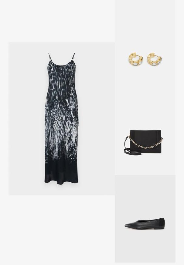Vestido maxi impresso em preto e branco com alças finas, apresentando uma silhueta fluida e um padrão que lembra a pele de animais. Material macio.; Bailarina de couro preto, bico fino, design minimalista, textura suave, salto baixo, sem hardware ou embelezamentos visíveis.; Bolsa crossbody de couro preto com uma textura suave, forma retangular e um detalhe em corrente metálica na frente. Inclui uma alça ajustável.; Brincos de argola dourados com um design texturizado e três cristais transparentes em um lado, oferecendo uma estética geométrica moderna.