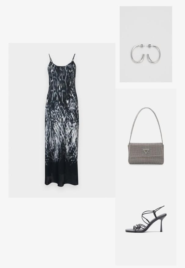 Fekete-fehér nyomtatott maxi ruha vékony pántokkal, áramló sziluettel és állati szőr mintáira hasonlító dizájnnal. Puha anyag.; Fekete magas sarkú szandálok vékony pántokkal, csomózott mintával, sima négyzetes orral és karcsú stiletto sarkal rendelkeznek.; Világosszürke fémes kézitáska lánc pánttal, kis kör alakú fém kifinomult díszítéssel és háromszög alakú márkagéppel.; Ezüst karika fülbevalók sima, fényes felülettel. Lekerekített forma, könnyű kialakítással, tűs zárómechanizmussal.