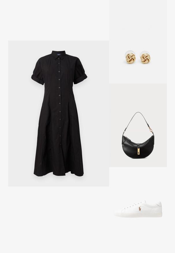 Rochie midi neagră cu mânecă scurtă, cu nasturi, guler și tivuri răsucite, ajustată în talie și evazată spre margine.; Adidași din piele albă, design de tip low-top, cu o textură netedă, vârf rotund, față șiretată și un mic logo brodat pe lateral.; Geantă de piele neagră în formă de jumătate de lună. Dispune de un accent din metal auriu și o curea îngustă. Textură netedă, închidere cu fermoar în partea de sus.; Cercei cu tija aurie, cu un design răsucit. Fiecare cercel are un fundal circular transparent pentru o purtare sigură.