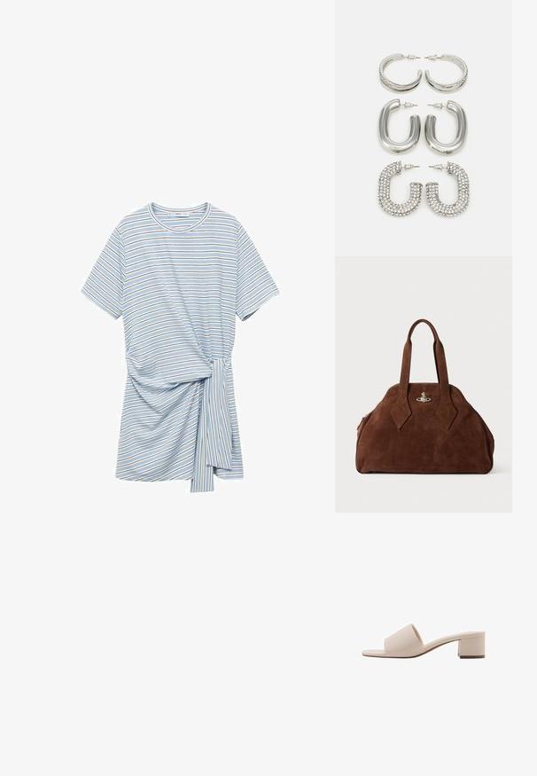 Rochie din bumbac cu dungi, de culoare albastru deschis, cu dungi albe și maro de lățimi variate. Include un detaliu cu nod pe lateral și mâneci scurte.; Sandale cu toc bloc bej, cu o curea lată și vârf deschis. Material neted și design elegant. Toc scurt și robust pentru stabilitate.; Geantă din suede maro, cu o formă structurată, un corp rotund și mânere lungi în formă de diamant. Dispune de o închidere din metal argintiu.; Patru perechi de cercei din argint: două modele elegante de cercei cerc, unul texturat și unul acoperit cu mici pietre strălucitoare transparente.