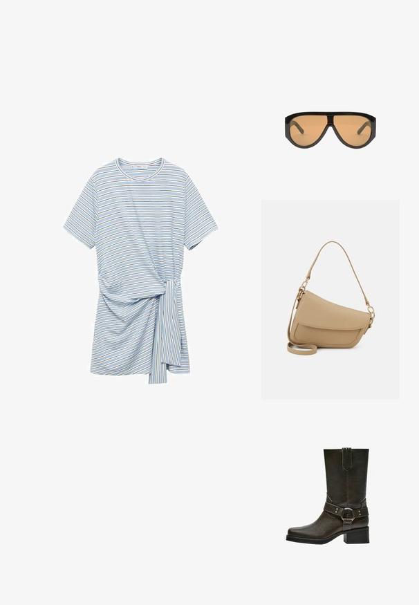 Stribet T-shirt kjole i lyseblå med varierende bredder af hvide og brune striber. Har en knyttet detalje i siden og korte ærmer.; Brune læder ankelstøvle med firkantet tå, kort blokhæL, og dekorativ spænde rem med sølvhardware. Glat tekstur, enkelt design.; Store, overdimensionerede solbriller i sort med brune linser, der har brede, vinklede stel og lige arme. Glat, blank finish med minimal hardware.; Even&Odd Håndtasker - beige