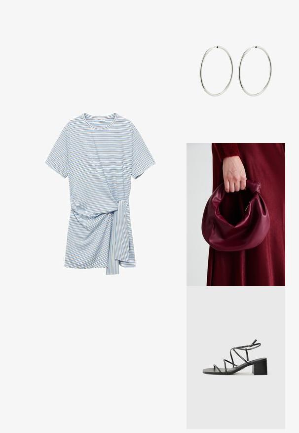 Stribet T-shirt kjole i lyseblå med varierende bredder af hvide og brune striber. Har en knyttet detalje i siden og korte ærmer.; Sorte remsandaler med firkantet tå og kraftig hæl, lavet af glat materiale. Har justerbare ankelremme og minimal hardware.; Bordeaux læderhåndtaske med et blødt, samlet design og en rund form. Håndtaget er sikret og viser en glat tekstur.; Sølv hoops øreringe med en glat, poleret overflade. Cirkulær form, ensartet bredde, designet til nem lukning. Enkle og elegante.