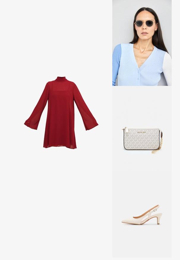 Punainen shifonkimekko, jossa on pitkät kellohihat ja korkea kaula-aukko. Rento, virtaava siluetti neliönmuotoisella pääntieellä ja läpikuultavalla rakenteella.; Valkoinen slingback-korkokenkä, jossa on terävä kärki, sileä päällismateriaali, matala lohkokorko ja sivuaukko-design säädettävällä soljella.; Pyöreät aurinkolasit, joissa on tummat linssit ja kultaiset kehykset. Mallilla on päällään vaaleansininen, ribatusta materiaalista valmistettu neuletakki, jossa on napit ja kontrastiväriset valkoiset hihat.; Michael Kors kääröbeige pinnoitettua kangasta, jossa on toistuva MK-logo -kuvio, kultaiset yksityiskohdat ja irrotettava ketjuhihna.